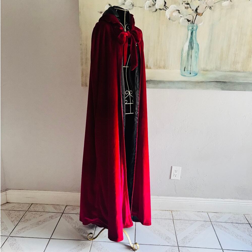 Custom Handmade Ruby Red Velvet Hooded Cape Black Lined Full Length Gothic Cloak